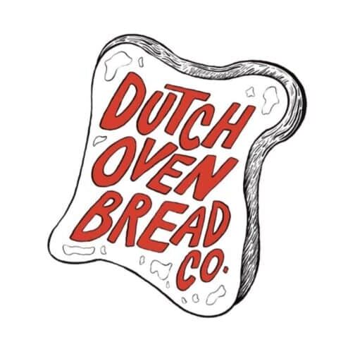 dutch oven bread co logo featuring a slice of bread with the company name in red text