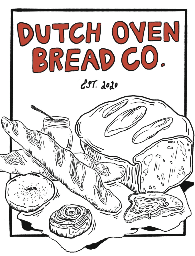 Dutch Oven Bread Co. logo featuring bread assortment, est. 2020.